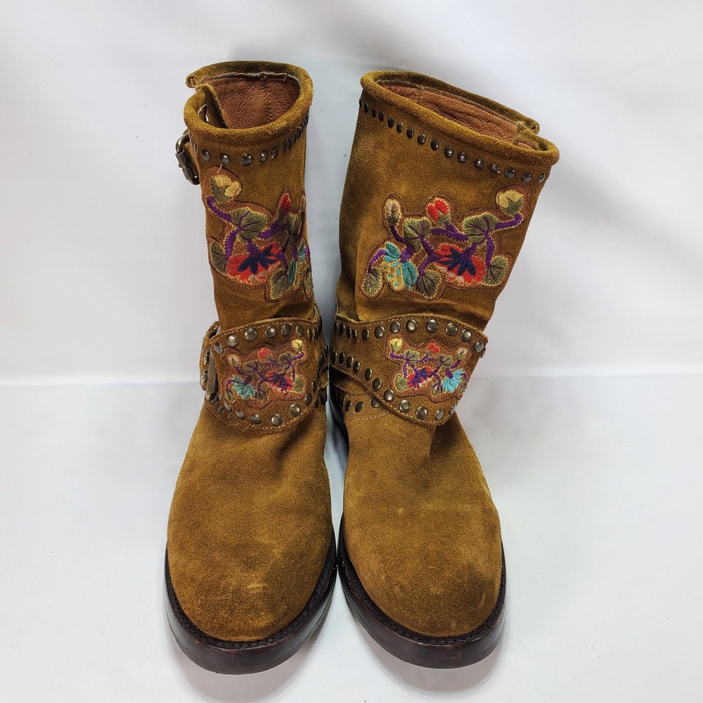 Anthropologie Frye Natalie Studded Embroidered Engineer Boots 7.5 Suede Mid Calf - Picture 2 of 11